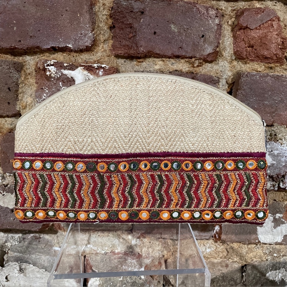 Jute Cottage clutch purse, (burlap, Woven, Tapestry) Zip Bag
